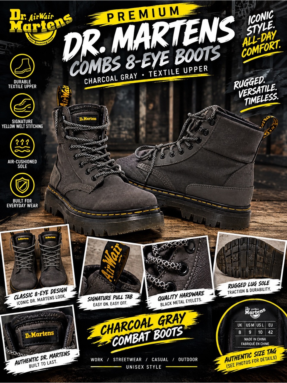 Dr. Martens Charcoal Gray 8-Eye Combs Combat Boots